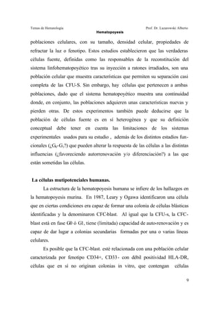Temas de Hematología Prof. Dr. Lazarowski Alberto
Hematopoyesis
9
poblaciones celulares, con su tamaño, densidad celular, propiedades de
refractar la luz o fenotipo. Estos estudios establecieron que las verdaderas
células fuente, definidas como las responsables de la reconstitución del
sistema linfohematopoyético tras su inyección a ratones irradiados, son una
población celular que muestra características que permiten su separación casi
completa de las CFU-S. Sin embargo, hay células que pertenecen a ambas
poblaciones, dado que el sistema hematopoyético muestra una continuidad
donde, en conjunto, las poblaciones adquieren unas características nuevas y
pierden otras. De estos experimentos también puede deducirse que la
población de células fuente es en sí heterogénea y que su definición
conceptual debe tener en cuenta las limitaciones de los sistemas
experimentales usados para su estudio , además de los distintos estadíos fun-
cionales (¿G0-G1?) que pueden alterar la respuesta de las células a las distintas
influencias (¿favoreciendo autorrenovación y/o diferenciación?) a las que
están sometidas las células.
La células mutipotenciales humanas.
La estructura de la hematopoyesis humana se infiere de los hallazgos en
la hematopoyesis murina. En 1987, Leary y Ogawa identificaron una célula
que en ciertas condiciones era capaz de formar una colonia de células blásticas
identificadas y la denominaron CFC-blast. Al igual que la CFU-s, la CFC-
blast está en fase G0 ó G1, tiene (limitada) capacidad de auto-renovación y es
capaz de dar lugar a colonias secundarias formadas por una o varias líneas
celulares.
Es posible que la CFC-blast. esté relacionada con una población celular
caracterizada por fenotipo CD34+, CD33- con débil positividad HLA-DR,
células que en sí no originan colonias in vitro, que contengan células
 