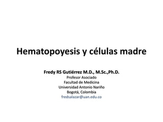 Hematopoyesis y células madre
Fredy RS Gutiérrez M.D., M.Sc.,Ph.D.
Profesor Asociado
Facultad de Medicina
Universidad Antonio Nariño
Bogotá, Colombia
fredsalazar@uan.edu.co
 