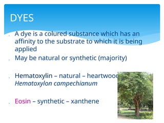  A dye is a colured substance which has an
affinity to the substrate to which it is being
applied
 May be natural or synthetic (majority)
 Hematoxylin – natural – heartwood of tree
Hematoxylon campechianum
 Eosin – synthetic – xanthene
DYES
 
