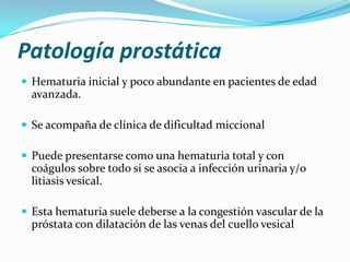 Patología prostáticaHematuria inicial y poco abundante en pacientes de edad avanzada.Se acompaña de clínica de dificultad miccionalPuede presentarse como una hematuria total y con coágulos sobre todo si se asocia a infección urinaria y/o litiasis vesical.Esta hematuria suele deberse a la congestión vascular de la próstata con dilatación de las venas del cuello vesical