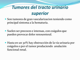 Tumores del tracto urinario superiorSon tumores de gran vascularizacion teniendo como principal sintoma a la hematuria.Suelen ser precoces e intensas, con coágulos que pueden provocar dolor renoureteral.Hasta en un 30% hay obstrucción de la vía urinaria por coágulos o por el tumor produciendo  anulación funcional renal.