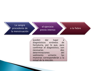 La sangre
                          el ejercicio
 procedente de                                     o la fiebre
                        previo intenso
la menstruación


                  pueden      dar     lugar    a
                  diagnósticos    erróneos    de
                  hematuria, por lo que, para
                  confirmar el diagnóstico, son
                  necesarias                dos
                  determinaciones            del
                  sedimento      urinario;   las
                  muestras corresponderán a la
                  mitad de la micción.
 
