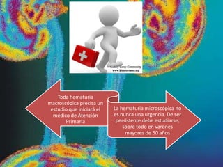 Toda hematuria
macroscópica precisa un
estudio que iniciará el
médico de Atención
Primaria
La hematuria microscópica no
es nunca una urgencia. De ser
persistente debe estudiarse,
sobre todo en varones
mayores de 50 años
 