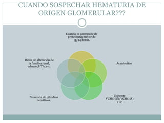 CUANDO SOSPECHAR HEMATURIA DE
ORIGEN GLOMERULAR???
Cuando se acompañe de
proteinuria mayor de
1g/24 horas.
Acantocitos
Cociente
VCM(HU)/VCM(HS)
<1.0
Presencia de cilindros
hemáticos.
Datos de alteración de
la función renal,
edemas,HTA, etc.
 