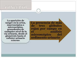 • La presencia de más
de tres glóbulos
rojos por campo en
el análisis
microscópico del
sedimento urinario
La aparición de
sangre en la orina,
macroscópica o
microscópica,
procedentes de
cualquier nivel de la
vía urinaria, desde el
glomérulo hasta el
esfínter urinario
externo.
 