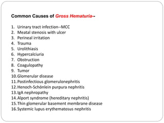 Common Causes of Gross Hematuria--
1. Urinary tract infection--MCC
2. Meatal stenosis with ulcer
3. Perineal irritation
4. Trauma
5. Urolithiasis
6. Hypercalciuria
7. Obstruction
8. Coagulopathy
9. Tumor
10.Glomerular disease
11.Postinfectious glomerulonephritis
12.Henoch-Schönlein purpura nephritis
13.IgA nephropathy
14.Alport syndrome (hereditary nephritis)
15.Thin glomerular basement membrane disease
16.Systemic lupus erythematosus nephritis
 