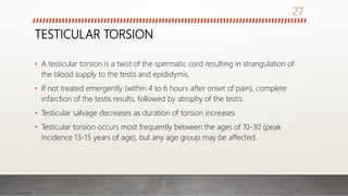 TESTICULAR TORSION
• A testicular torsion is a twist of the spermatic cord resulting in strangulation of
the blood supply to the testis and epididymis.
• If not treated emergently (within 4 to 6 hours after onset of pain), complete
infarction of the testis results, followed by atrophy of the testis.
• Testicular salvage decreases as duration of torsion increases
• Testicular torsion occurs most frequently between the ages of 10-30 (peak
incidence 13-15 years of age), but any age group may be affected.
27
 