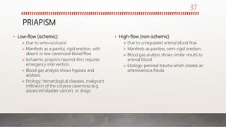 PRIAPISM
• Low-flow (ischemic):
 Due to veno-occlusion
 Manifests as a painful, rigid erection, with
absent or low cavernosal blood flow.
 Ischaemic priapism beyond 4hrs requires
emergency intervention.
 Blood gas analysis shows hypoxia and
acidosis.
 Etiology: hematological diseases, malignant
infiltration of the corpora cavernosa (e.g.
advanced bladder cancer), or drugs.
• High-flow (non ischemic)
 Due to unregulated arterial blood flow
 Manifests as painless, semi-rigid erection.
 Blood gas analysis shows similar results to
arterial blood.
 Etiology: perineal trauma which creates an
arteriovenous fistula.
37
 