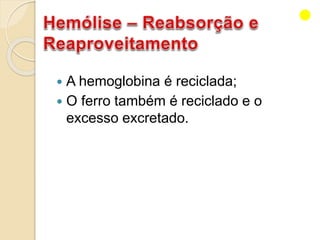  A hemoglobina é reciclada;
 O ferro também é reciclado e o
excesso excretado.
 