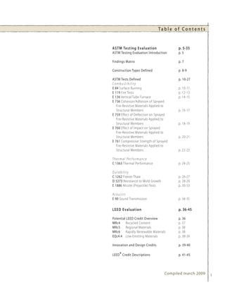 Ta b l e o f C o n t e n t s


ASTM Testing Evaluation                     p. 5-35
ASTM Testing Evaluation Introduction        p. 5

Findings Matrix                             p. 7

Construction Types Defined                  p. 8-9

ASTM Tests Defined                          p. 10-27
Combustibility
E 84 Surface Burning                        p. 10-11
E 119 Fire Tests                            p. 12-13
E 136 Vertical Tube Furnace                 p. 14-15
E 736 Cohesion/Adhesion of Sprayed
   Fire-Resistive Materials Applied to
   Structural Members                       p. 16-17
E 759 Effect of Deflection on Sprayed
   Fire-Resistive Materials Applied to
   Structural Members                       p. 18-19
E 760 Effect of Impact on Sprayed
   Fire-Resistive Materials Applied to
   Structural Members                       p. 20-21
E 761 Compressive Strength of Sprayed
   Fire-Resistive Materials Applied to
   Structural Members                       p. 22-23

Thermal Per formance
C 1363 Thermal Performance                  p. 24-25

Durability
C 1262 Freeze-Thaw                          p. 26-27
D 3273 Resistance to Mold Growth            p. 28-29
E 1886 Missile (Projectile) Tests           p. 30-33

Acoustic
E 90 Sound Transmission                     p. 34-35

LEED Evaluation                             p. 36-45

Potential LEED Credit Overview              p. 36
MRc4     Recycled Content                   p. 37
MRc5     Regional Materials                 p. 38
MRc6     Rapidly Renewable Materials        p. 38
EQc4.4 Low-Emitting Materials               p. 38-39

Innovation and Design Credits               p. 39-40

LEED ® Credit Descriptions                  p. 41-45




                                    Compiled march 2009        3
 