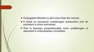  Conjugated bilirubin is also more than the normal.
 It leads to excessive urobilinogen production and its
excretion in urine and stools.
 This is because proportionately more urobilinogen is
absorbed in enterohepatic circulation.
 
