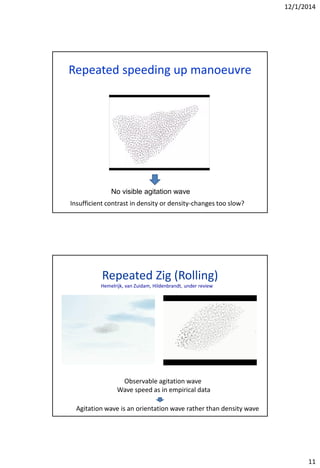 12/1/2014
11
Repeated speeding up manoeuvre
No visible agitation wave
Insufficient contrast in density or density-changes too slow?
Repeated Zig (Rolling)
Observable agitation wave
Wave speed as in empirical data
Agitation wave is an orientation wave rather than density wave
Hemelrijk, van Zuidam, Hildenbrandt, under review
 