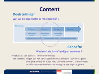 Content
 Doelstellingen
 Wat wil de organisatie er mee bereiken ?




                                                         Behoefte
                         Wat heeft de ‘klant’ nodig en wanneer ?
Vindt plaats via ‘contact’ (online en offline)
Taak content: zorgen dat het kanaal/communicatiemiddel ‘zijn werk’ goed
               doet (kan doen) én in lijn met uw visie uitvoert. Klant ervaart
               de informatie en de dienstverlening als een logisch geheel.
                                                                                 10
 