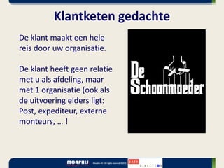 Klantketen gedachte
De klant maakt een hele
reis door uw organisatie.

De klant heeft geen relatie
met u als afdeling, maar
met 1 organisatie (ook als
de uitvoering elders ligt:
Post, expediteur, externe
monteurs, … !
 