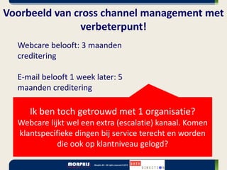 Voorbeeld van cross channel management met
               verbeterpunt!
  Webcare belooft: 3 maanden
  creditering

  E-mail belooft 1 week later: 5
  maanden creditering

     Ik ben toch getrouwd met 1 organisatie?
  Webcare lijkt wel een extra (escalatie) kanaal. Komen
  klantspecifieke dingen bij service terecht en worden
             die ook op klantniveau gelogd?
 