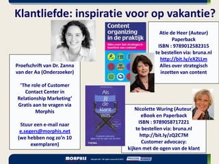 Klantliefde: inspiratie voor op vakantie?
                                          Atie de Heer (Auteur)
                                                Paperback
                                         ISBN : 9789012582315
                                        te bestellen via: bruna.nl
                                          http://bit.ly/eX2LLm
Proefschrift van Dr. Zanna                Alles over strategisch
van der Aa (Onderzoeker)                  inzetten van content

 ‘The role of Customer
   Contact Center in
Relationship Marketing’
Gratis aan te vragen via
        Morphis                  Nicolette Wuring (Auteur)
                                    eBook en Paperback
  Stuur een e-mail naar           ISBN : 9789058717221
  e.segers@morphis.net           te bestellen via: bruna.nl
 (we hebben nog zo’n 10            http://bit.ly/zQ2C7M
       exemplaren)                  Customer advocacy:
                             kijken met de ogen van de klant
 