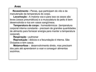 Aves
   Revestimento : Penas, que participam do vôo e da
manutenção da temperatura do corpo.
   Locomoção : A maioria voa e para isso os ossos são
leves (ossos pneumáticos) e a musculatura do peito é bem
desenvolvida e rica em vasos sangüíneos.
   Temperatura do corpo : homeotérmicos (temperatura
corporal interna constante - precisam de grandes quantidades
de alimento para fornecer energia para manter a temperatura
corporal).
   Respiração : pulmonar
   Reprodução : dióicos e a fecundação é interna. São
Ovíparos e tem casca.
   Metamorfose : desenvolvimento direto, mas precisam
dos pais até aprenderem a voar e conseguir alimentos
sozinhos.
 
