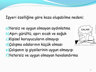 İşyeri özelliğine göre kaza oluşabilme nedeni;
a)Yersiz ve uygun olmayan aydınlatma
b)Aşırı gürültü, aşırı sıcak ve soğuk
c)Kişisel koruyucuların olmayışı
d)Çalışma odalarının küçük olması
e)Çalışanın iş giysilerinin uygun olmayışı
f)Yetersiz ve uygun olmayan havalandırma
11
 