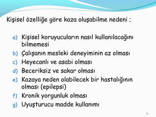 Kişisel özelliğe göre kaza oluşabilme nedeni ;
a) Kişisel koruyucuların nasıl kullanılacağını
bilmemesi
b) Çalışanın mesleki deneyiminin az olması
c) Heyecanlı ve asabi olması
d) Beceriksiz ve sakar olması
e) Kazaya neden olabilecek bir hastalığının
olması (epilepsi)
f) Kronik yorgunluk olması
g) Uyuşturucu madde kullanımı
12
 