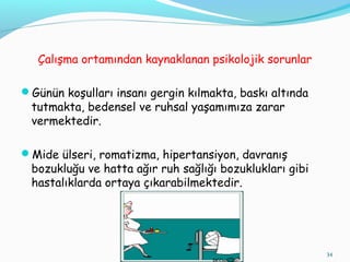 Çalışma ortamından kaynaklanan psikolojik sorunlar
Günün koşulları insanı gergin kılmakta, baskı altında
tutmakta, bedensel ve ruhsal yaşamımıza zarar
vermektedir.
Mide ülseri, romatizma, hipertansiyon, davranış
bozukluğu ve hatta ağır ruh sağlığı bozuklukları gibi
hastalıklarda ortaya çıkarabilmektedir.
34
 
