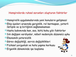 Hemşirelerde ruhsal sorunları oluşturan faktörler
Hemşirelik uygulamalarında yeni konuların gelişmesi
Ekip üyeleri arasında gerginlik, rol karmaşası, yeterli
iletişim ve iş birliğinin sağlanamaması
Hasta bakımında kan, ses, kötü koku gibi faktörler
Sık değişen vardiyalar, nöbet nedeniyle düzensiz uyku
Ekonomik yetersizlik
Görev değişikliği, servis değişiklikleri
Fiziksel yorgunluk ve hata yapma korkusu
Ergenlik döneminde işe başlama
35
 