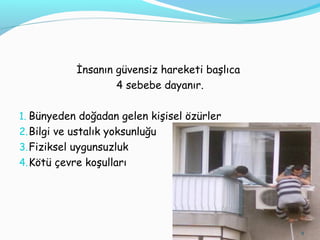 İnsanın güvensiz hareketi başlıca
4 sebebe dayanır.
1. Bünyeden doğadan gelen kişisel özürler
2.Bilgi ve ustalık yoksunluğu
3.Fiziksel uygunsuzluk
4.Kötü çevre koşulları
9
 