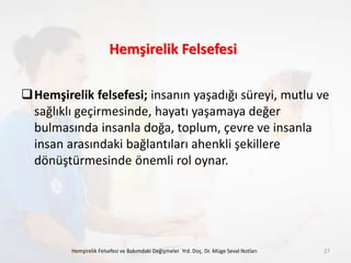 Hemşirelik Felsefesi
Hemşirelik felsefesi; insanın yaşadığı süreyi, mutlu ve
sağlıklı geçirmesinde, hayatı yaşamaya değer
bulmasında insanla doğa, toplum, çevre ve insanla
insan arasındaki bağlantıları ahenkli şekillere
dönüştürmesinde önemli rol oynar.
Hemşirelik Felsefesi ve Bakımdaki Değişmeler Yrd. Doç. Dr. Müge Seval Notları 27
 