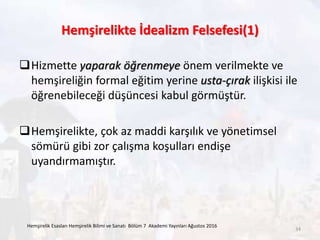 Hemşirelikte İdealizm Felsefesi(1)
Hizmette yaparak öğrenmeye önem verilmekte ve
hemşireliğin formal eğitim yerine usta-çırak ilişkisi ile
öğrenebileceği düşüncesi kabul görmüştür.
Hemşirelikte, çok az maddi karşılık ve yönetimsel
sömürü gibi zor çalışma koşulları endişe
uyandırmamıştır.
Hemşirelik Esasları Hemşirelik Bilimi ve Sanatı Bölüm 7 Akademi Yayınları Ağustos 2016
34
 