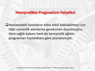 Hemşirelikte Pragmatizm Felsefesi
Hastanedeki hastaların daha etkili bakılabilmesi için
tıbbi uzmanlık alanlarına gereksinim duyulmuştur.
Hem sağlık bakımı hem de hemşirelik eğitim
programları hastalıklara göre planlanmıştır.
Hemşirelik Esasları Hemşirelik Bilimi ve Sanatı Bölüm 7 Akademi Yayınları Ağustos 2016 43
 