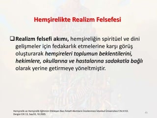 Hemşirelikte Realizm Felsefesi
Realizm felsefi akımı, hemşireliğin spiritüel ve dini
gelişmeler için fedakarlık etmelerine karşı görüş
oluşturarak hemşireleri toplumun beklentilerini,
hekimlere, okullarına ve hastalarına sadakatla bağlı
olarak yerine getirmeye yöneltmiştir.
Hemşirelik ve Hemşirelik Eğitimini Etkileyen Bazı Felsefi Akımların İncelenmesi İstanbul Üniversitesi F.N.H.Y.O.
Dergisi Cilt 13, Sayı55, Yıl:2005
45
 