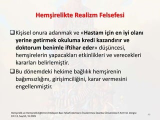 Hemşirelikte Realizm Felsefesi
Kişisel onura adanmak ve «Hastam için en iyi olanı
yerine getirmek okuluma kredi kazandırır ve
doktorum benimle iftihar eder» düşüncesi,
hemşirelerin yapacakları etkinlikleri ve verecekleri
kararları belirlemiştir.
Bu dönemdeki hekime bağlılık hemşirenin
bağımsızlığını, girişimciliğini, karar vermesini
engellenmiştir.
Hemşirelik ve Hemşirelik Eğitimini Etkileyen Bazı Felsefi Akımların İncelenmesi İstanbul Üniversitesi F.N.H.Y.O. Dergisi
Cilt 13, Sayı55, Yıl:2005
46
 