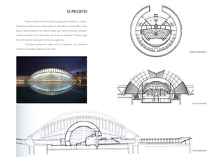 O PROJETO

         Podemos observar diversas figuras geométricas (elipses, círculos,
triângulos e trapézios) na composição do Hemisferic ou Hemisfério. Estas
figuras estão presentes nas demais obras que fazem parte do complexo
científico-cultural e são recorrentes nas obras do arquiteto Calatrava que
tem admiração e inspiração nas formas orgânicas.
         Calatrava evidenciou nesta obra a dinâmica nas estruturas
metálicas utilizadas juntamente com vidro.
                                                                             Planta do planetário




                                                                               Corte Transversal




                                                                              Corte Longitudinal
 