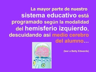 La mayor parte de nuestro   sistema educativo  está programado  según la modalidad  del  hemisferio izquierdo , descuidando así  medio cerebro del alumno … (leer a Betty Edwards) 