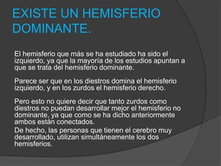 EXISTE UN HEMISFERIO
DOMINANTE.
El hemisferio que más se ha estudiado ha sido el
izquierdo, ya que la mayoría de los estudios apuntan a
que se trata del hemisferio dominante.
Parece ser que en los diestros domina el hemisferio
izquierdo, y en los zurdos el hemisferio derecho.
Pero esto no quiere decir que tanto zurdos como
diestros no puedan desarrollar mejor el hemisferio no
dominante, ya que como se ha dicho anteriormente
ambos están conectados.
De hecho, las personas que tienen el cerebro muy
desarrollado, utilizan simultáneamente los dos
hemisferios.
 