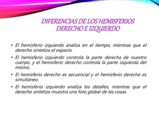 • El hemisferio izquierdo analiza en el tiempo, mientras que el
derecho sintetiza el espacio.
• El hemisferio izquierdo controla la parte derecha de nuestro
cuerpo, y el hemisferio derecho controla la parte izquierda del
mismo.
• El hemisferio derecho es secuencial y el hemisferio derecho es
simultáneo.
• El hemisferio izquierdo analiza los detalles, mientras que el
derecho sintetiza muestra una foto global de las cosas.
 
