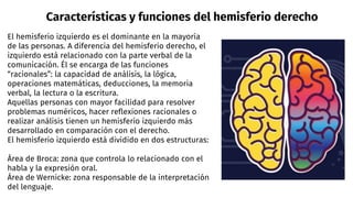Características y funciones del hemisferio derecho
El hemisferio izquierdo es el dominante en la mayoría
de las personas. A diferencia del hemisferio derecho, el
izquierdo está relacionado con la parte verbal de la
comunicación. Él se encarga de las funciones
“racionales”: la capacidad de análisis, la lógica,
operaciones matemáticas, deducciones, la memoria
verbal, la lectura o la escritura.
Aquellas personas con mayor facilidad para resolver
problemas numéricos, hacer reflexiones racionales o
realizar análisis tienen un hemisferio izquierdo más
desarrollado en comparación con el derecho.
El hemisferio izquierdo está dividido en dos estructuras:
Área de Broca: zona que controla lo relacionado con el
habla y la expresión oral.
Área de Wernicke: zona responsable de la interpretación
del lenguaje.
 