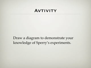 Avtivity



Draw a diagram to demonstrate your
knowledge of Sperry’s experiments.
 