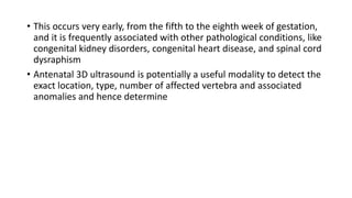 • This occurs very early, from the fifth to the eighth week of gestation,
and it is frequently associated with other pathological conditions, like
congenital kidney disorders, congenital heart disease, and spinal cord
dysraphism
• Antenatal 3D ultrasound is potentially a useful modality to detect the
exact location, type, number of affected vertebra and associated
anomalies and hence determine
 