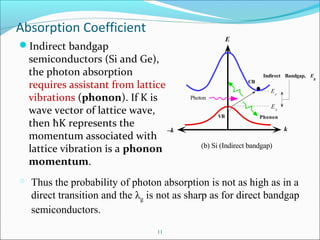 Absorption Coefficient
Indirect bandgap
semiconductors (Si and Ge),
the photon absorption
requires assistant from lattice
vibrations (phonon). If K is
wave vector of lattice wave,
then ħK represents the
momentum associated with
lattice vibration is a phonon
momentum.
11
E
CB
VB
k–k
Direct Bandgap Eg Photon
Ec
Ev
(a) GaAs (Direct bandgap)
E
k–k
(b) Si (Indirect bandgap)
VB
CB
Ec
Ev
Indirect Bandgap, Eg
Photon
Phonon
(a) Photon absorption in a direct bandgap semiconductor. (b) Photon absorption
in an indirect bandgap semiconductor (VB, valence band; CB, conduction band)
© 1999 S.O. Kasap, Optoelectronics (Prentice Hall)
 Thus the probability of photon absorption is not as high as in a
direct transition and the λg is not as sharp as for direct bandgap
semiconductors.
 