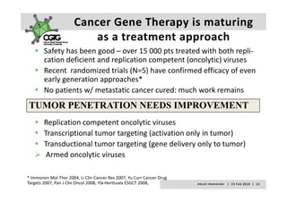 Cancer Gene Therapy is maturing 
                           as a treatment approach
                                                 h
        Safety has been good – over 15 000 pts treated with both repli‐
        cation deficient and replication competent (oncolytic) viruses 
        Recent  randomized trials (N=5) have confirmed efficacy of even 
        early generation approaches*
        early generation approaches*
        No patients w/ metastatic cancer cured: much work remains
TUMOR PENETRATION NEEDS IMPROVEMENT
        Replication competent oncolytic viruses
        Replication competent oncolytic viruses
        Transcriptional tumor targeting (activation only in tumor)
        Transductional tumor targeting (gene delivery only to tumor)
                                 g    g (g           y     y       )
         Armed oncolytic viruses

* Immonen Mol Ther 2004, Li Clin Cancer Res 2007, Yu Curr Cancer Drug 
Targets 2007, Pan J Clin Oncol 2008, Ylä‐Herttuala ESGCT 2008,           A k s e l i   H e m m i n k i       |     2 3  F e b  2 0 1 0    |    1 2
 