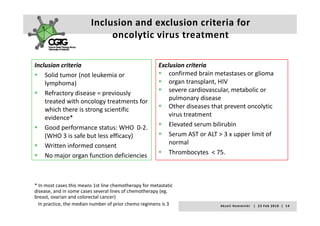 Inclusion and exclusion criteria for 
                              oncolytic virus treatment
                              oncolytic virus treatment

Inclusion criteria                                      Exclusion criteria
    Solid tumor (not leukemia or                            confirmed brain metastases or glioma
    lymphoma)                                               organ transplant, HIV
    Refractory disease = previously                         severe cardiovascular, metabolic or 
                                                                       d       l       b l
    treated with oncology treatments for                    pulmonary disease
    which there is strong scientific                        Other diseases that prevent oncolytic 
    evidence*                                               virus treatment
                                                             i t t         t
    Good performance status: WHO  0‐2.                      Elevated serum bilirubin
    (
    (WHO 3 is safe but less efficacy)
                                    y)                      Serum AST or ALT > 3 x upper limit of 
    Written informed consent                                normal
    No major organ function deficiencies                    Thrombocytes  < 75.  



* In most cases this means 1st line chemotherapy for metastatic 
disease, and in some cases several lines of chemotherapy (eg. 
di          di                     l li   f h    th      (
breast, ovarian and colorectal cancer)
  In practice, the median number of prior chemo regimens is 3                 A k s e l i   H e m m i n k i       |     2 3  F e b  2 0 1 0    |    1 4
 