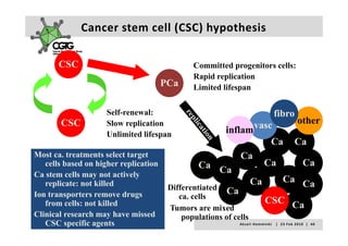 Cancer stem cell (CSC) hypothesis

       CSC                                     Committed progenitors cells:
                                               Rapid replication
                                       PCa     Limited lifespan


                     Self-renewal:                                                            fibro
       CSC           Slow replication                                                                                other
                     Unlimited lifespan                  inflam vasc
                                                                                           Ca                     Ca
Most ca. treatments select target                            Ca
   cells based on higher replication             Ca Ca                              Ca                                    Ca
Ca stem cells may not actively
                 y            y
   replicate: not killed                                              Ca
                                                                      C                               Ca Ca
                                        Differentiated Ca
Ion transporters remove drugs              ca. cells
   from cells: not killed                                                            CSC Ca
                                        Tumors
                                        T mors are mixed
                                                     mi ed
Clinical research may have missed           populations of cells
   CSC specific agents                                       A k s e l i   H e m m i n k i       |     2 3  F e b  2 0 1 0    |    4 0
 