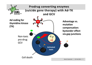 Prodrug converting enzymes
             (suicide gene therapy) with Ad‐TK 
             (suicide gene therapy) with Ad TK
                          and GCV
Ad coding for 
                       TK                Advantage vs. 
thymidine kinase                         mutation 
                                         mutation
(TK)                                     compensation: 
                                         bystander effect 
                                         via gap junctions
       Non‐toxic
       pro drug
       pro‐drug
       GCV
                            Activated 
                            Activated
                              toxin



          Cell death
                                          A k s e l i   H e m m i n k i       |     2 3  F e b  2 0 1 0    |    7
 