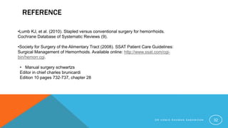 REFERENCE
•Lumb KJ, et al. (2010). Stapled versus conventional surgery for hemorrhoids.
Cochrane Database of Systematic Reviews (9).
•Society for Surgery of the Alimentary Tract (2008). SSAT Patient Care Guidelines:
Surgical Management of Hemorrhoids. Available online: http://www.ssat.com/cgi-
bin/hemorr.cgi.
• Manual surgery schwartzs
Editor in chief charles brunicardi
Edition 10 pages 732-737, chapter 28
D R H A M I D R A H M A N S A B A W O O N 32
 