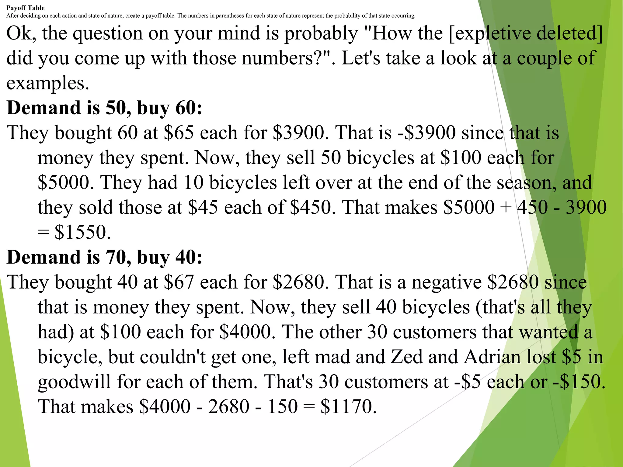 Payoff Table
After deciding on each action and state of nature, create a payoff table. The numbers in parentheses for each state of nature represent the probability of that state occurring.
Ok, the question on your mind is probably "How the [expletive deleted]
did you come up with those numbers?". Let's take a look at a couple of
examples.
Demand is 50, buy 60:
They bought 60 at $65 each for $3900. That is -$3900 since that is
money they spent. Now, they sell 50 bicycles at $100 each for
$5000. They had 10 bicycles left over at the end of the season, and
they sold those at $45 each of $450. That makes $5000 + 450 - 3900
= $1550.
Demand is 70, buy 40:
They bought 40 at $67 each for $2680. That is a negative $2680 since
that is money they spent. Now, they sell 40 bicycles (that's all they
had) at $100 each for $4000. The other 30 customers that wanted a
bicycle, but couldn't get one, left mad and Zed and Adrian lost $5 in
goodwill for each of them. That's 30 customers at -$5 each or -$150.
That makes $4000 - 2680 - 150 = $1170.
 
