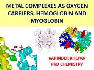 METAL COMPLEXES AS OXYGEN
CARRIERS: HEMOGLOBIN AND
MYOGLOBIN
VARINDER KHEPAR
PhD CHEMISTRY 1
 