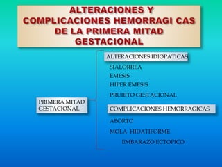 ALTERACIONES IDIOPATICAS
SIALORREA
EMESIS
HIPER EMESIS
PRURITO GESTACIONAL
COMPLICACIONES HEMORRAGICAS
ABORTO
MOLA HIDATIFORME
EMBARAZO ECTOPICO
PRIMERA MITAD
GESTACIONAL
 