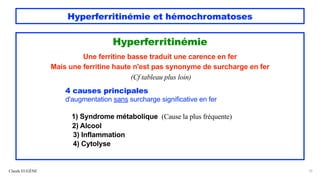 Hyperferritinémie et hémochromatoses
Hyperferritinémie
Une ferritine basse traduit une carence en fer
Mais une ferritine haute n'est pas synonyme de surcharge en fer
(Cf tableau plus loin)
4 causes principales
d'augmentation sans surcharge significative en fer
1) Syndrome métabolique (Cause la plus fréquente)
2) Alcool
3) Inflammation
4) Cytolyse
Claude EUGÈNE 10
 