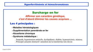 Hyperferritinémie et hémochromatoses
Claude EUGÈNE 19
Surcharge en fer
Affirmer son caractère génétique,
c'est d'abord éliminer les causes acquises ...
Les 4 principales :
- Maladies hématologiques
- Supplémentation parentérale en fer
- Alcoolisme chronique
- Syndrome métabolique :
. Surpoids, hypertension artérielle, dyslipidémie, diabète, hyperuricémie, stéatose.
. Principal caractère distinctif: saturation de la transferrine non élevée
 