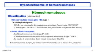 Hyperferritinémie et hémochromatoses
Claude EUGÈNE 39
Hémochromatoses
Classification (introduction)
- Hémochromatose liée au gène HFE (type 1)
De loin la plus fréquente
80% des cas, présente chez des caucasiens, en rapport avec l'homozygotie C282Y/C282Y
(L'homozygotie C282Y/C282Y est nécessaire, mais pas suffisante à l'expression de la maladie)
- Autres hémochromatoses
. Les hémochromatoses juvéniles (types 2A et 2B)
. L'hémochromatose due à une mutation du récepteur de la transferrine de type 2 (type 3)
. La maladie de la ferroportine, dont il existe 2 formes (types 4A et 4B)
Voir: Tableau suivant et diapos plus loin sur l'hémochromatose HFE et la maladie de la ferroportine
 